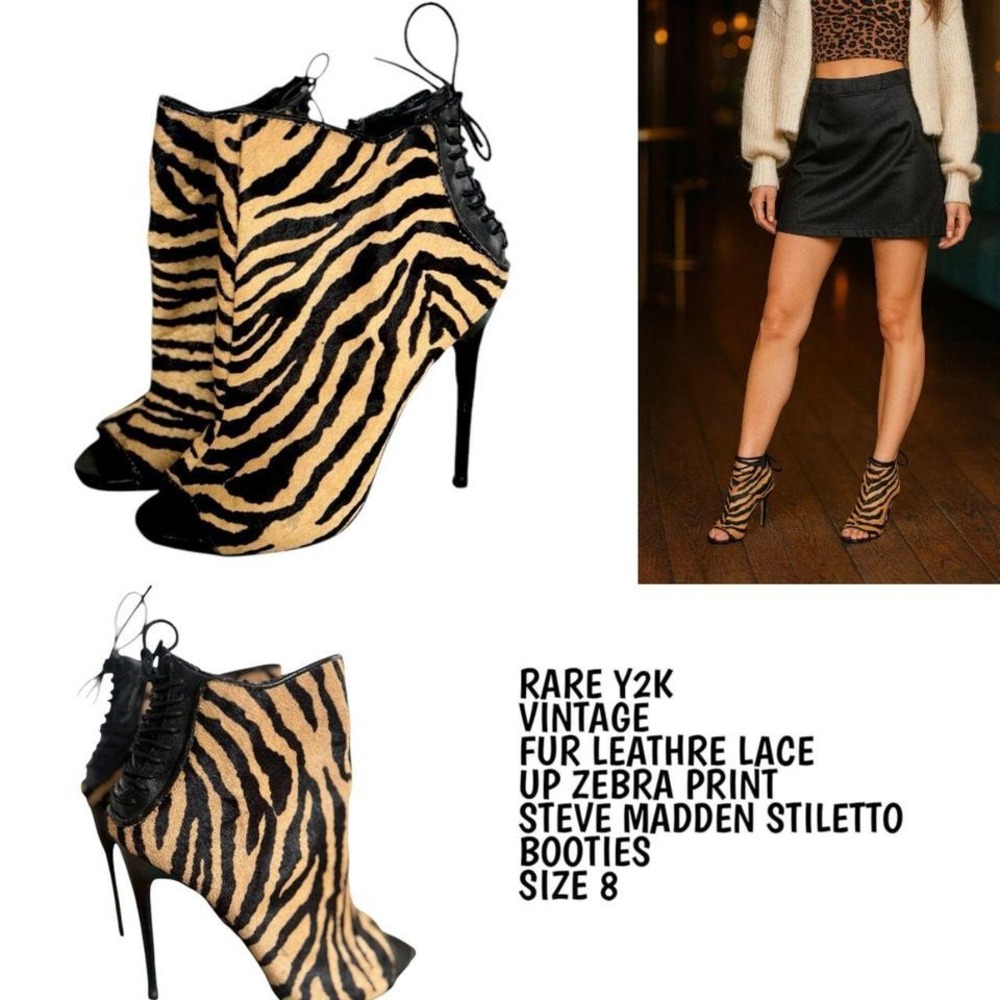 RARE Y2K VTG. REAL FUR LACE UP STILLETO BOOTIES‎ STEVE MADDEN SIZE 8